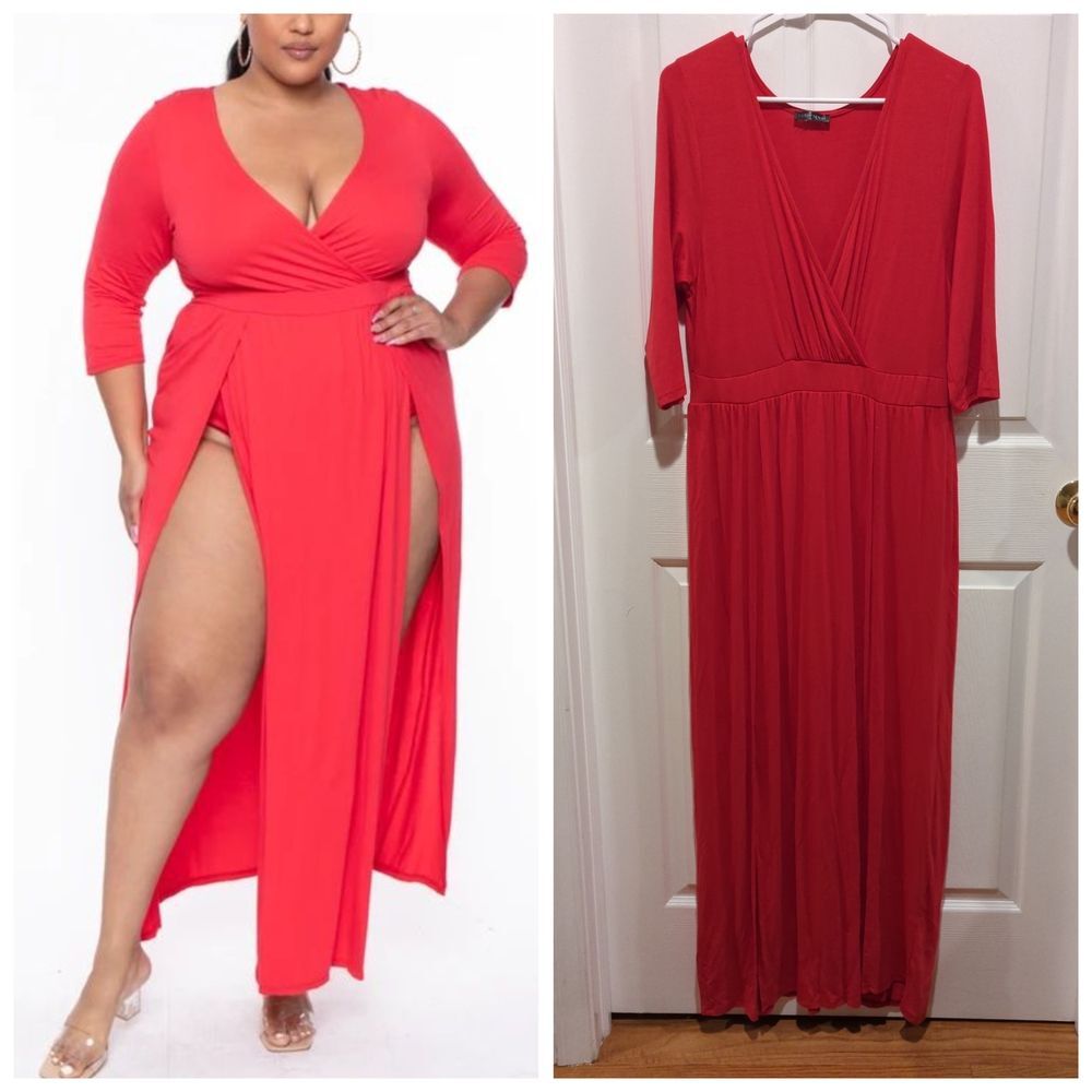 Curvy Sense Size 14 Sexy M-Slit Red Maxi Dress With Bodysuit Glam Going‎ Out